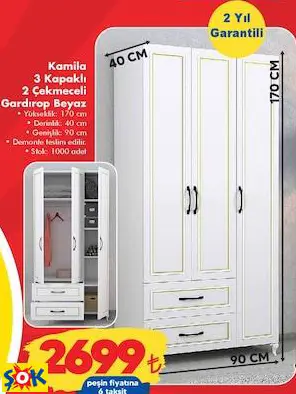 KAMİLA 3 KAPAKLI 2 ÇEKMECELİ GARDIROP BEYAZ